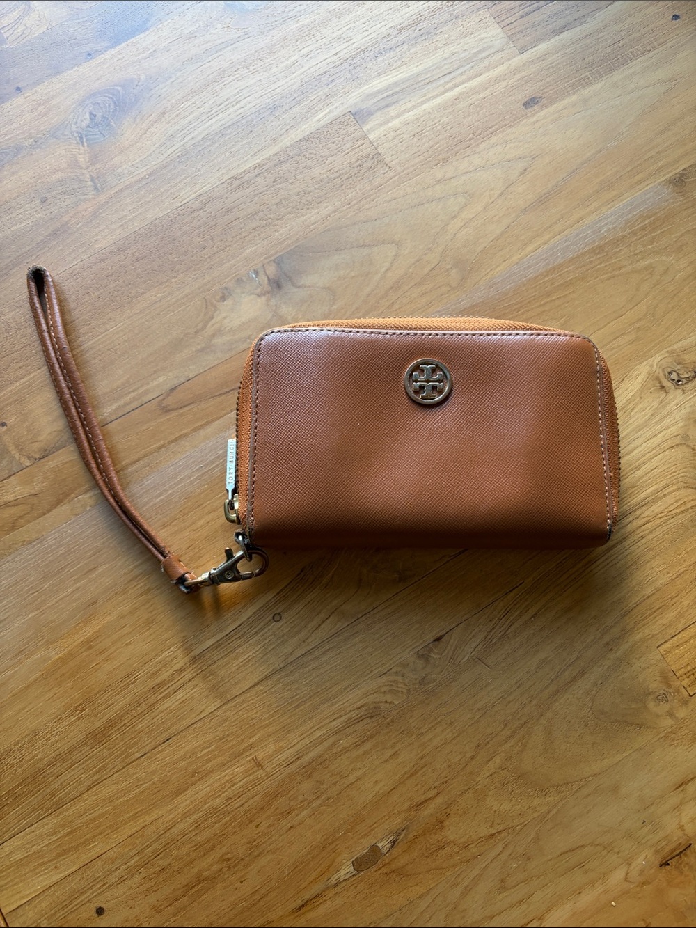 Tory Burch Tan Saffiano Leather Wristlet with Logo